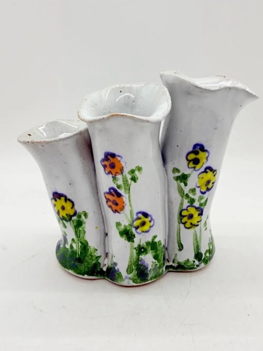 Studio Art Pottery Bud Vase 3-Finger Cluster Speckled Stoneware Signed Hull